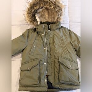 H&M Kids Olive Puffer Jacket with Faux Fur Hood- 4T